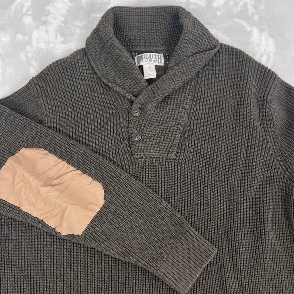 Duluth Sweater Mens 2XL Brigadier Shawl Collar Fisherman Knit Chunky Elbow Patch